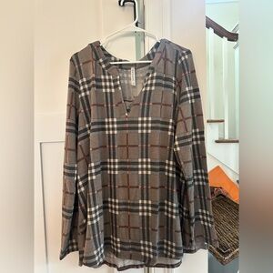 Plaid V-Neck Blouse - Gray and Brown